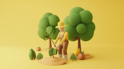 Wall Mural - A farmer planting trees, simple background, 3D style, simple details, simple illustration, simple lines and shapes.