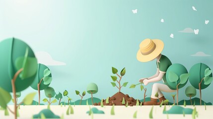 Wall Mural - A farmer planting trees, simple background, 3D style, simple details, simple illustration, simple lines and shapes.