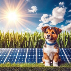 Wall Mural - A curious Pembroke Welsh Corgi puppy sits on top of a blue solar panel in a field of green wheat. The puppy has short legs and perked ears, and it's looking attentively to the right side of the frame.