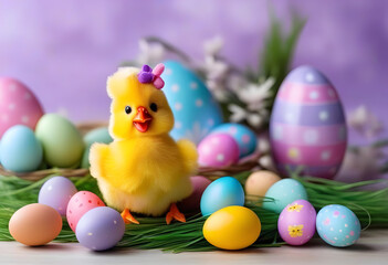  An Easter decoration with cool chicken. Easter holiday concept.