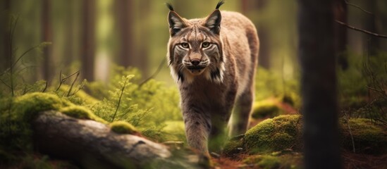 Wall Mural - wild lynx in forest