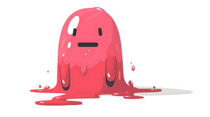 This image captures a cute pink blob character looking sad while dripping on the floor in a cartoon style