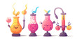 Colorful array of four cartoon potion bottles with varying faces and fruit elements