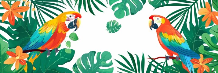  background, flat design. jungle foliage with exotic flowers and parrots banner template Generative AI