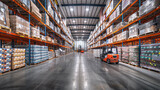 Fototapeta Uliczki - A busy retail warehouse where the shelves are overflowing with boxes of merchandise waiting to be distributed. Pallets of goods are strategically placed, with forklifts running between them.