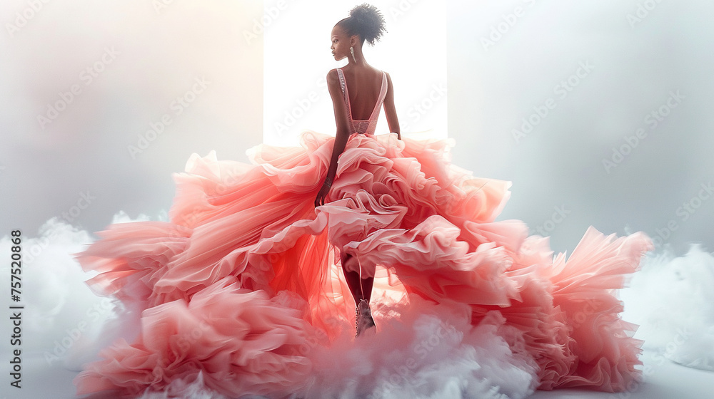 Pink Ramp Model Beautiful fashion model woman with pink princess gown dress on ramp ...