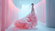 Beautiful fashion model woman with pink princess gown dress on ramp,  Fashion portrait isolated on ramp background	