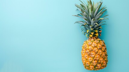  A large, ripe pineapple isolated on a blue background. The pineapple has a vibrant yellow color and green leaves.