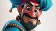 Cheerful and funny cartoon genie with beard and blue hat smiling at the camera. 3D rendering.