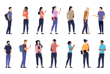 Aufkleber - Vector people characters collection - Set of urban men and women standing using phones, talking and acting casual. Flat design on white background