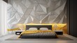 A sophisticated 3D wall design in the bedroom with yellow and white lattice motifs, adding a touch of refinement to the interior decor.