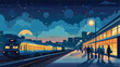 Flat vector scene A bustling train station at night