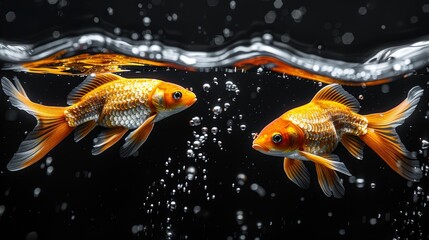 Wall Mural - two goldfish swimming in an aquarium with bubbles of water on the bottom of the water and on the top of the bottom of the water.