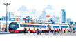Flat vector scene A bustling train station with pas