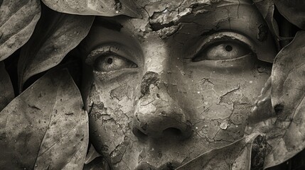  a black and white photo of a statue of a woman's face with leaves covering it's face.