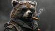 a close up of a raccoon wearing sunglasses and a jacket with a cigarette in it's mouth.