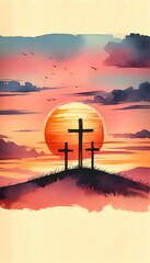 Wall Mural - Watercolor illustration for good friday with three crosses silhouette on calvary.