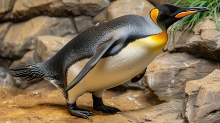 Poster - a close up of a penguin on a rock with a plant in it's beak and a body of water in the background.