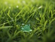 A close perspective on a footprint in dewy green grass, capturing the interaction between nature and human presence, generative AI
