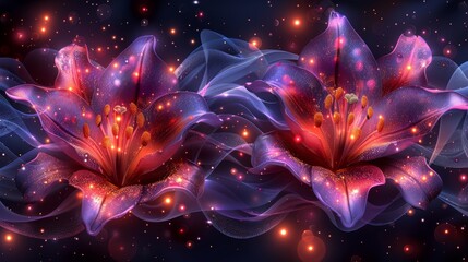 two purple flowers with red centers surrounded by blue and pink swirls on a dark background with stars and bubbles.