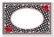 Karta okolicznościowa w biało, czarno, czerwonej kolorystyce z miejscem na tekst, życzenia, z dekoracyjnymi czerwonymi różami i deseniem z białych kropek 