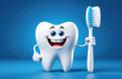 cartoon character of tooth on blue background holding toothbrush. pediatric dentistry, stomatology.