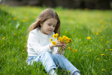 Wall Mural - Portrait of a cute smiling little girl on green grass with dandelions