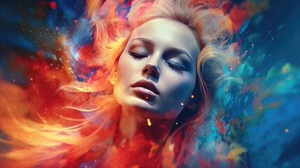 Wall Mural - Colorful Fantasy Portrait Woman's Image Combined with Digital Paint Splash and Space Elements