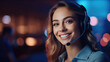 Smiling Young Woman Telemarketing in Contact Us Center with Headset and Sales Tools