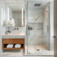 Luxurious and contemporary bathroom interior design. Large marble tiles, spacious glass-enclosed shower, sleek and minimalistic vanity area, vases with fresh flowers decor.