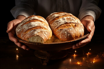 high quality photo of a hands holding bread, only hands and a dish in the frame сreated with Generative Ai