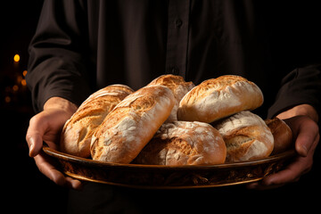 high quality photo of a hands holding bread, only hands and a dish in the frame сreated with Generative Ai