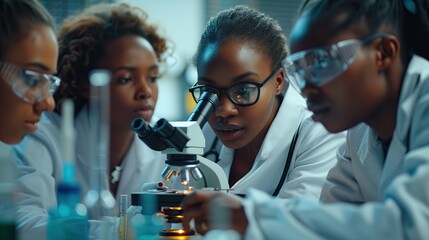 Wall Mural - Group of african american scientists working with microscope in laboratory.