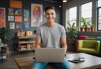 Wall Mural - Young entrepreneur at work on laptop in an artistic coworking space. Comfortable and stylish environment.