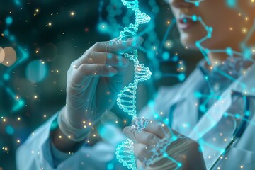 Wall Mural - Scientist with glowing DNA strand in lab. Innovations in genetics and biotechnology. Medical research and genetic engineering concept.