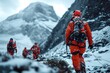 Illustrate a paramedic team conducting a mountain rescue mission, demonstrating mountain medicine skills
