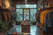 Illustrate a vintage thrift shop with racks of secondhand clothing, accessories, and retro items