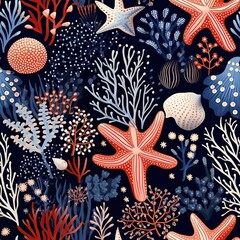 Poster - Seamless pattern with vibrant corals, shells and starfish on dark background, watercolor illustration underwater world for postcards, magazines and childrens books, poster Generative AI