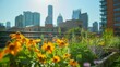 A lush rooftop garden in full bloom with a stunning cityscape in the background.