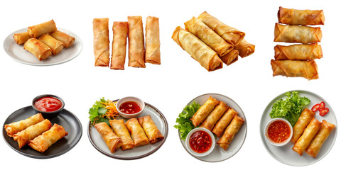 Wall Mural - Fried spring roll transparent set collection in 3d png no background.