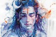 This enchanting watercolor illustration captures Lord Shiva's transcendental nature, featuring him in meditation with symbols like the trident and Ganga, radiating spiritual energy and wisdom