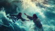 Jesus reaches out to Peter amidst turbulent waves, symbolizing faith overcoming fear, with copy space
