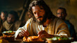 Jesus sharing the Passover meal, instituting the Eucharist as an act of love, with copy space