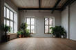 Empty room of modern contemporary loft with plants on wooden floor