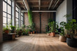 Empty room of modern contemporary loft with plants on wooden floor