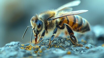 Wall Mural - A macro shot of a single bee at the hive entrance, detailed enough to see the texture of its wings and the pollen on its legs, against a softly blurred background.