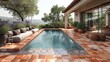 A Mediterranean-inspired pool design with terracotta tiles and a mosaic pool bottom, surrounded by olive trees and fragrant lavender bushes, creating a warm and inviting outdoor space 