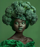 Fototapeta  - Woman with broccoli headpiece and matching green makeup