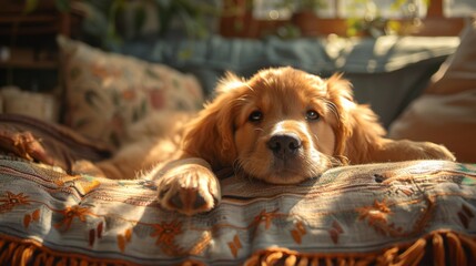 Wall Mural - A playful scene of a golden retriever puppy exploring the living room, with its nose curiously sniffing at a slightly ajar treat jar on the lower shelf, surrounded by scattered cushions and a soft 