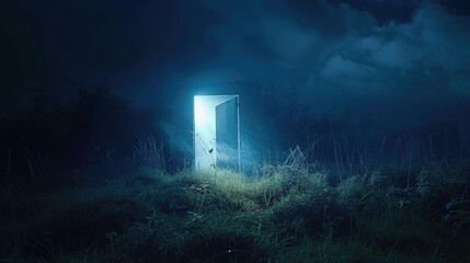 Poster - Light shining trough open door in field at night